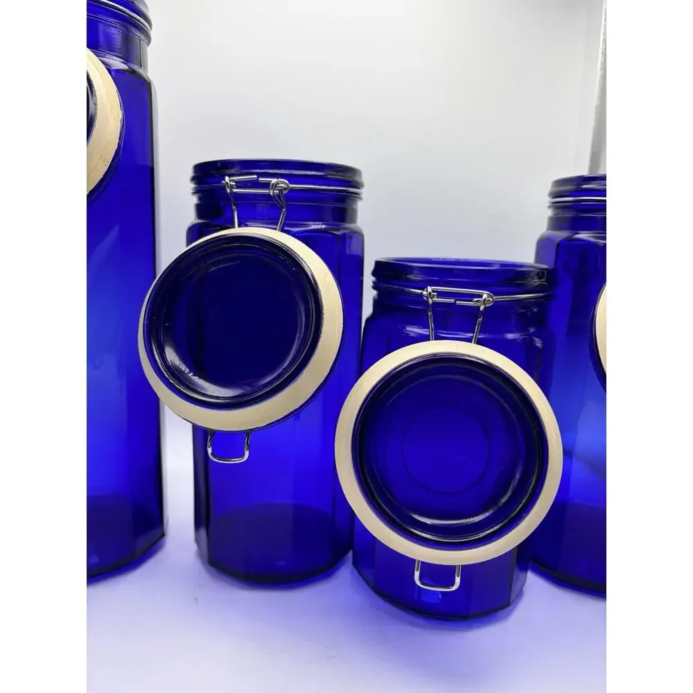 Vintage (4) SET FOUR Canister Jars Cobalt Blue Glass 12-Panel w/ Wire Bale Lid